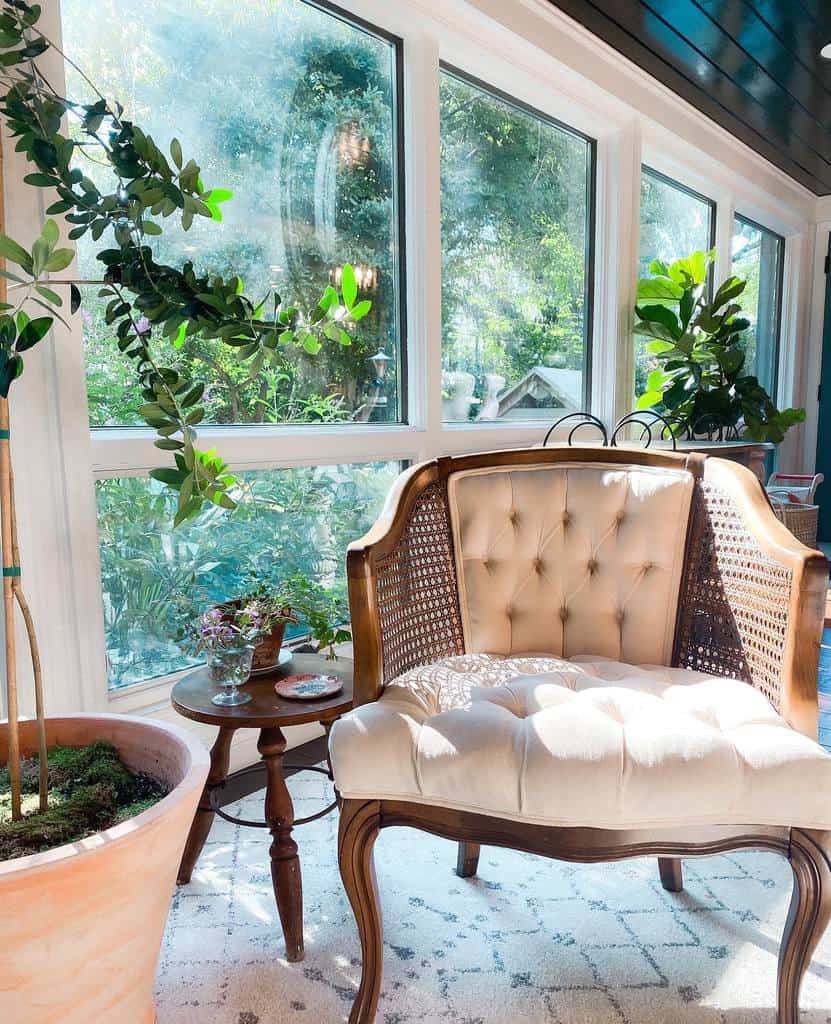 vintage wicker chair in sunroom