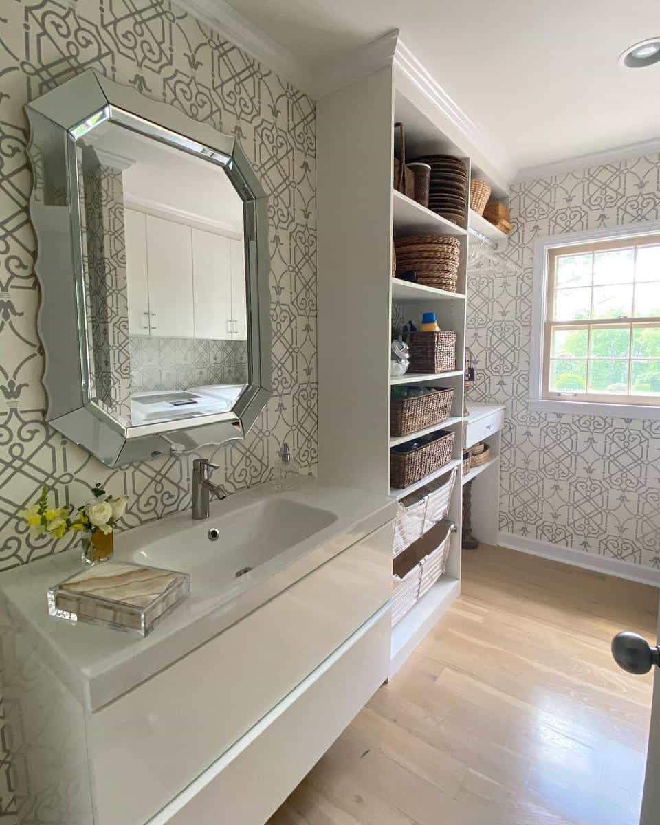 white and silver pattern wallpaper bathroom