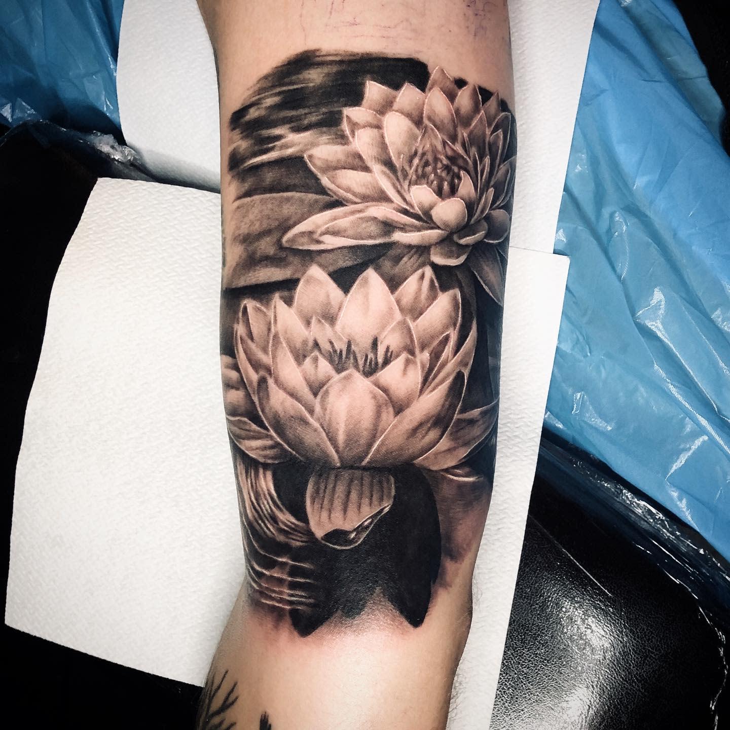 A black and grey water lily tattoo on the forearm, featuring two realistic flowers with detailed shading and water ripples in the background