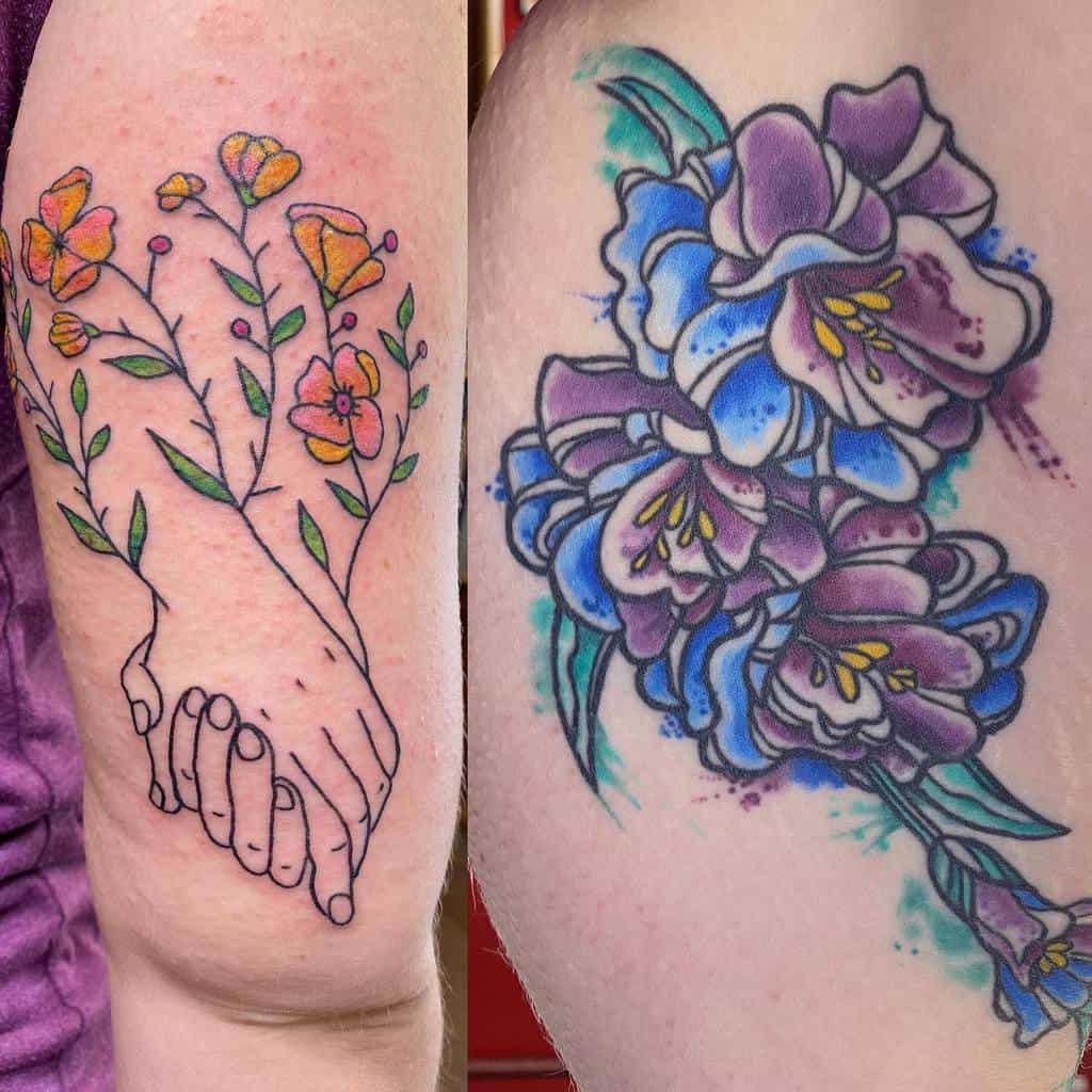 Two colorful floral tattoos on arms, one with hands holding a flower stem and the other with purple gladiolus flowers