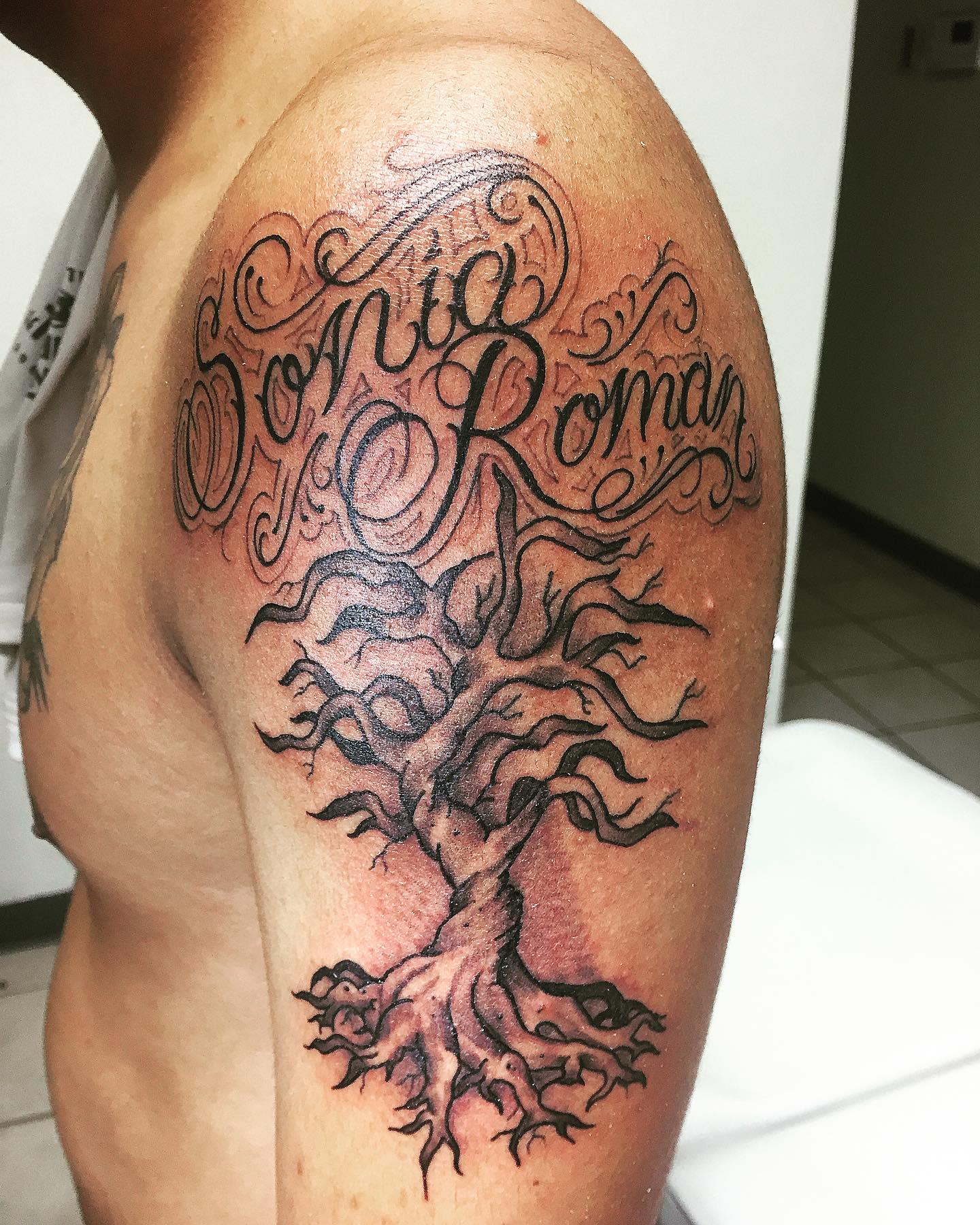 Ornate tree tattoo with intertwined roots and "Sonia Roman" script on an arm