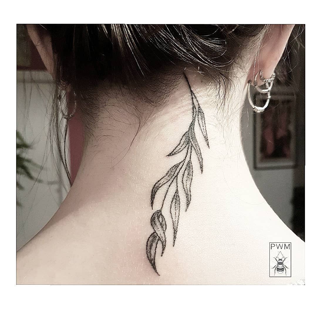 Neck tattoo of a slender leafy branch behind the ear