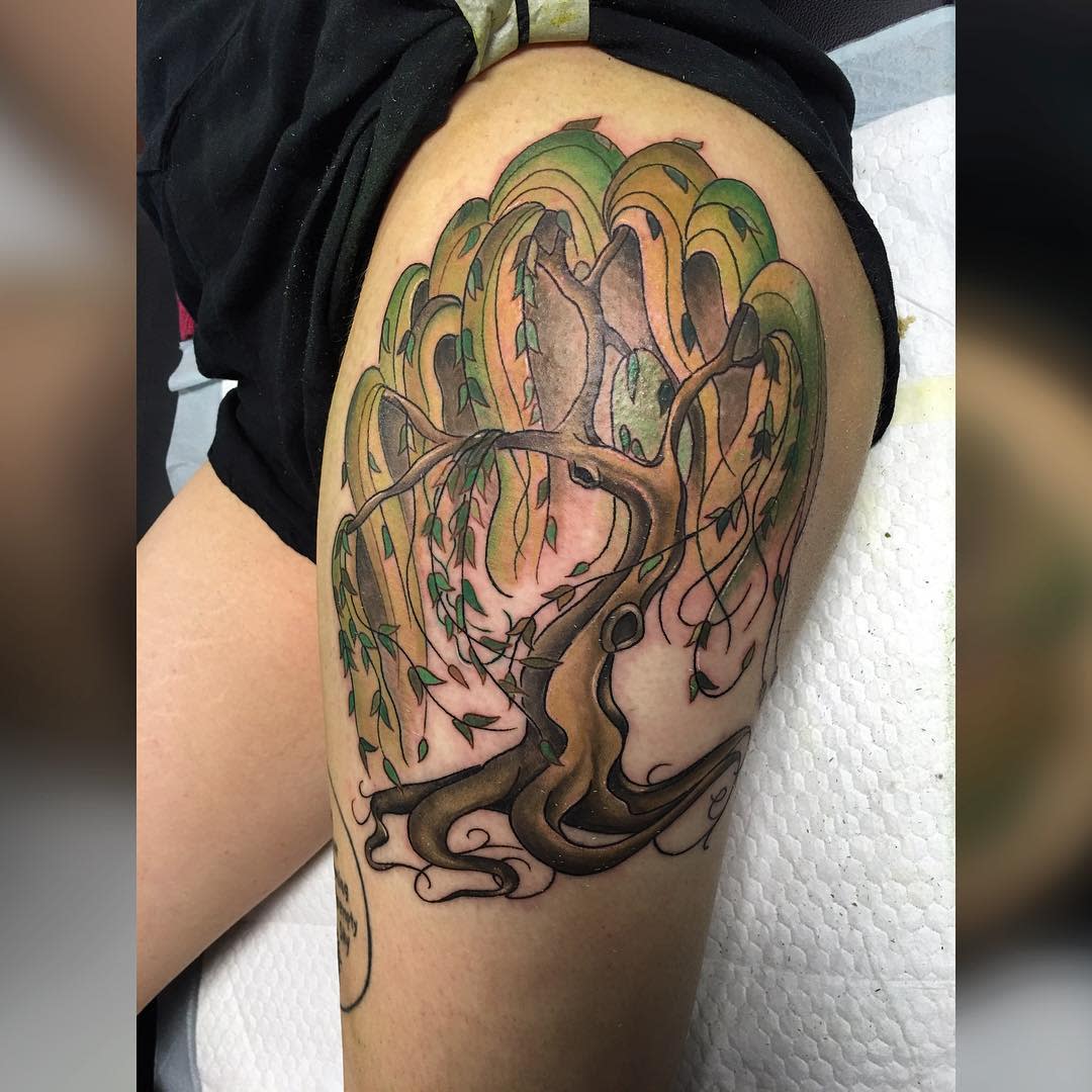 Colorful tattoo of a willow tree on a thigh