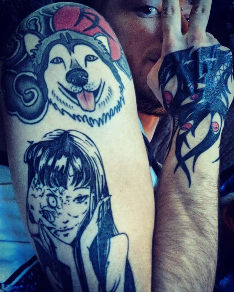 Fullmetal Alchemist tattoo featuring Pride's shadow, a husky dog with clouds and red circle with japanese symbol, Tomie from Junji It