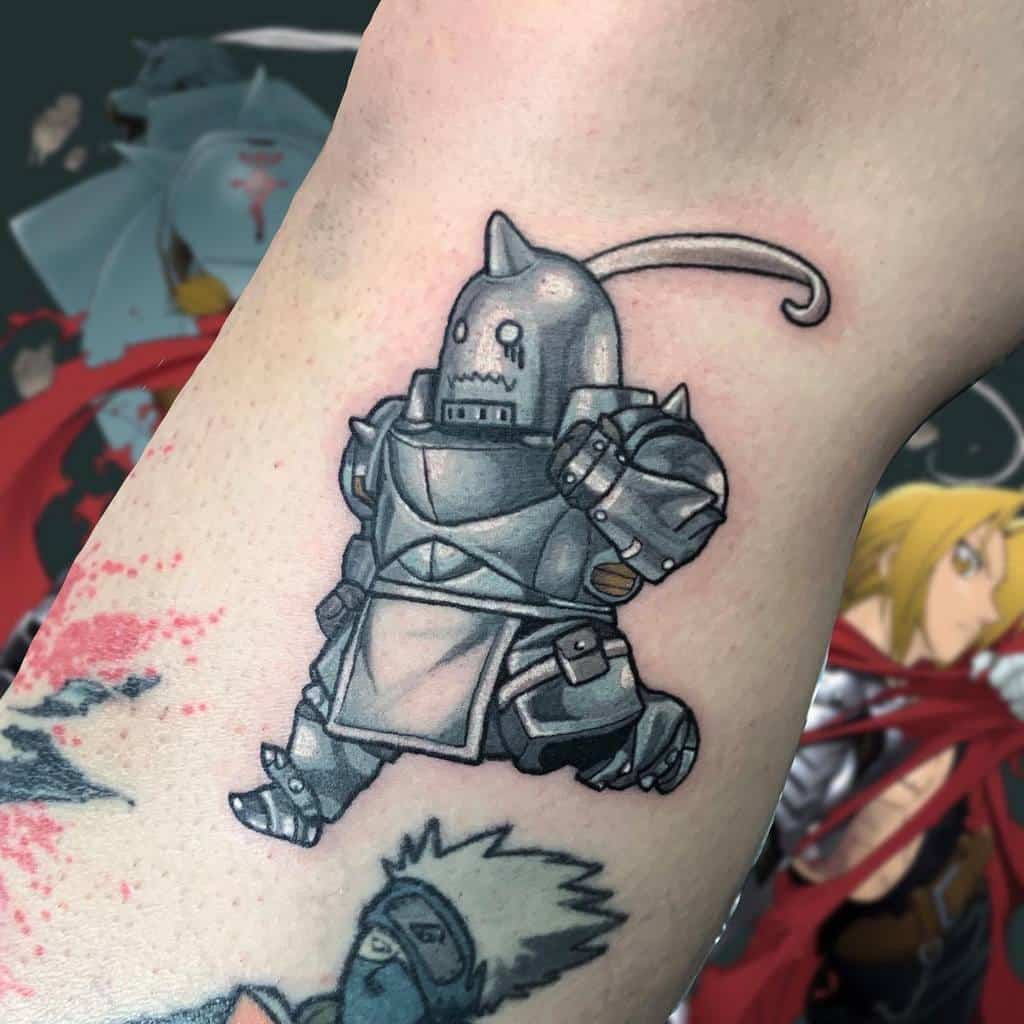 Fullmetal Alchemist tattoo of Alphonse Elric in a cute chibi style, showing him running with a worried expression