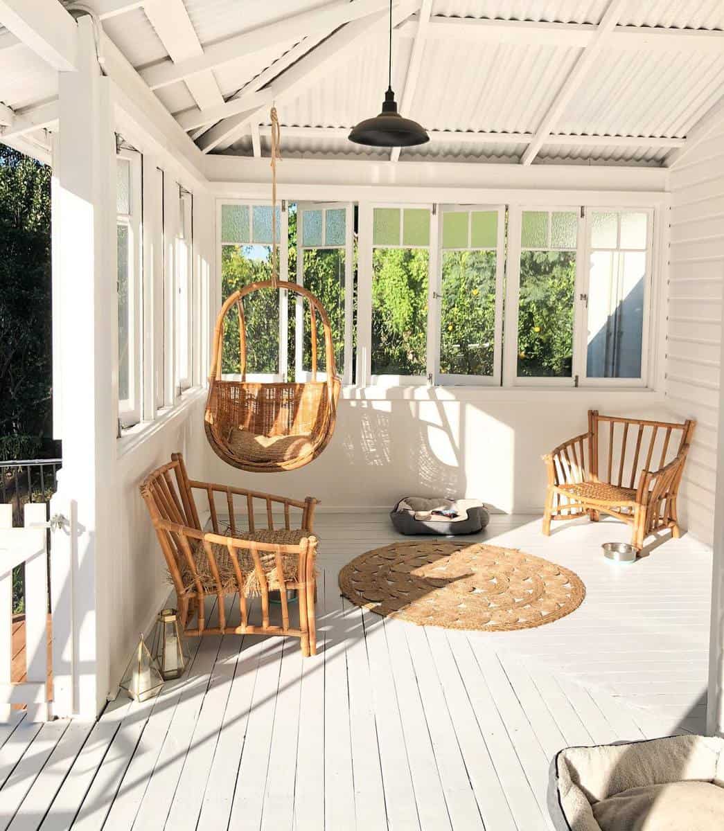 simple backyard enclosed white deck wood furniture