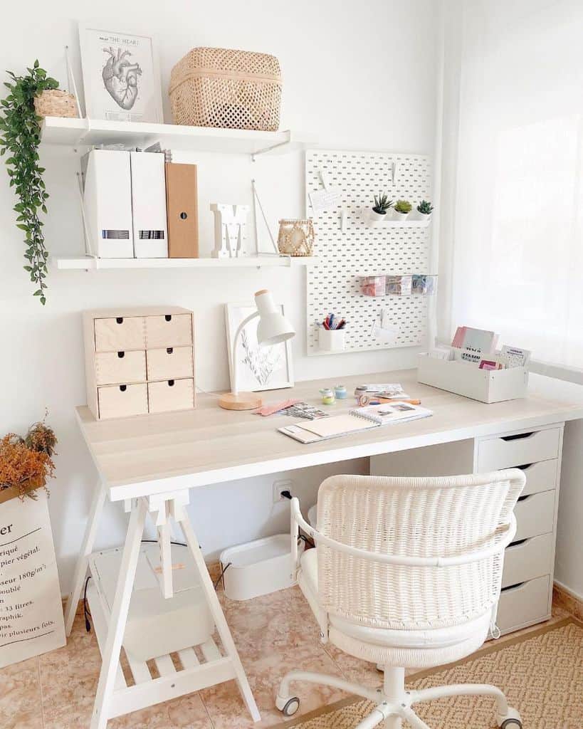 boho style white office setup