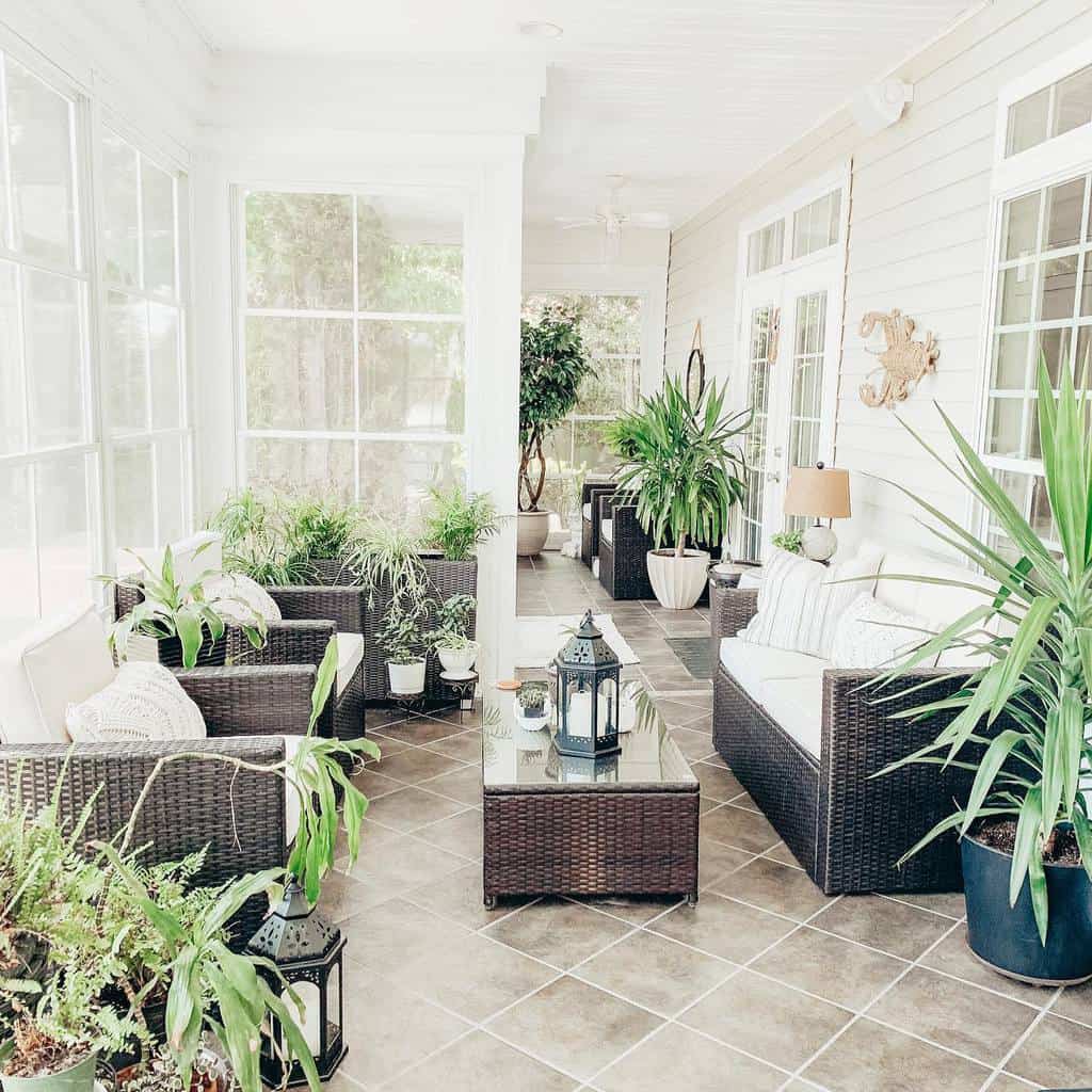 large sunroom with wicker furniture