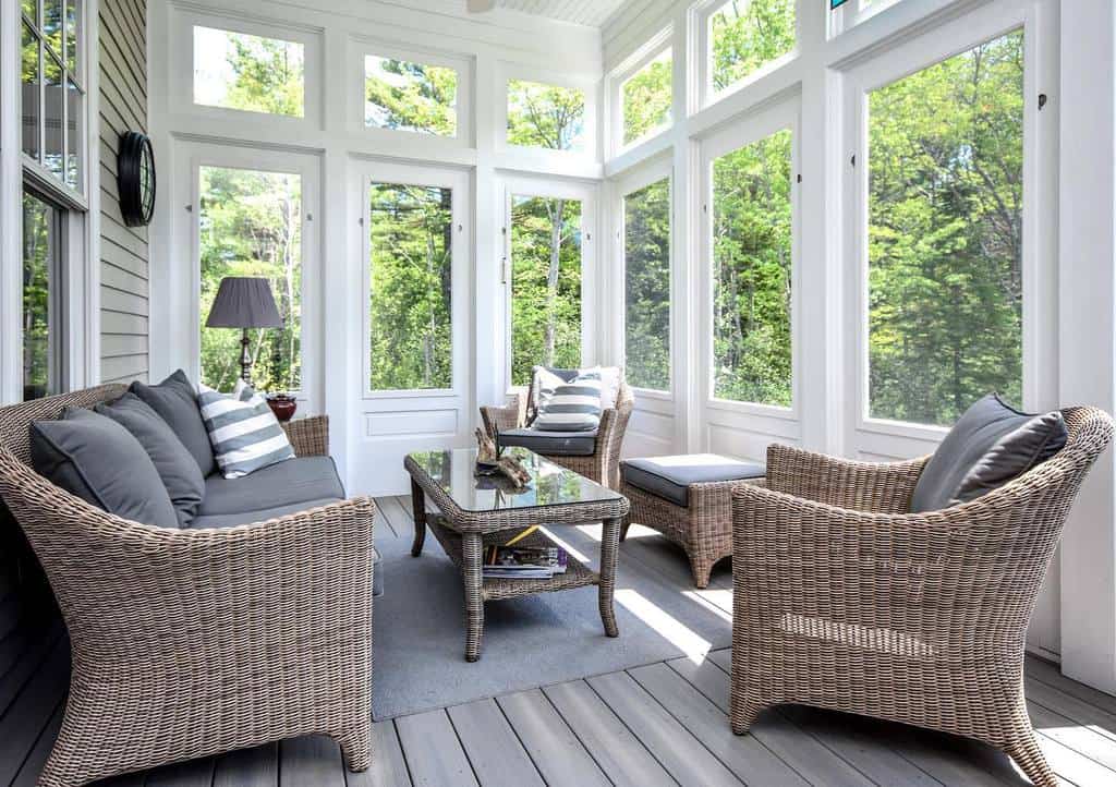 elegant patio sunroom with wicker furniture
