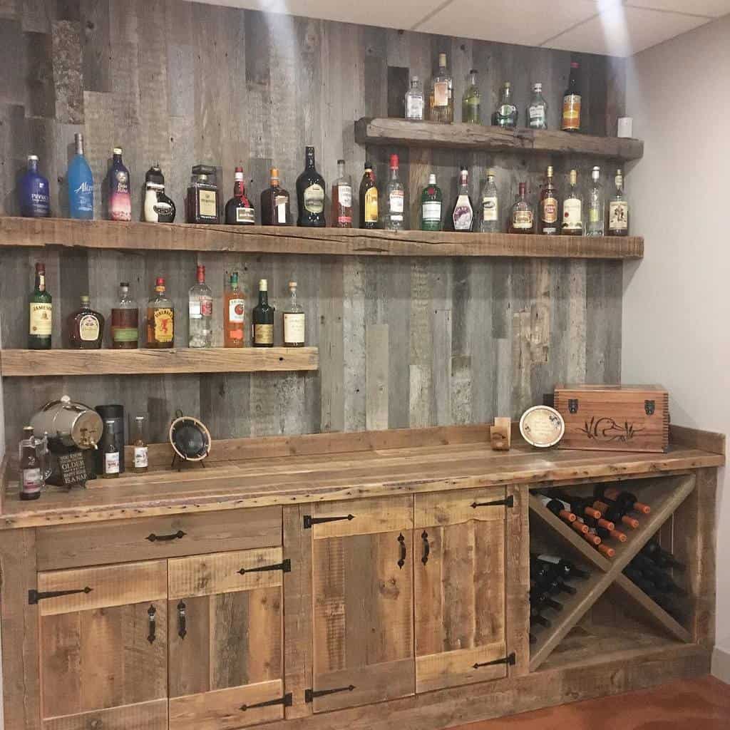 Rustic wood bar with open shelving, wine storage, and natural wood finish.