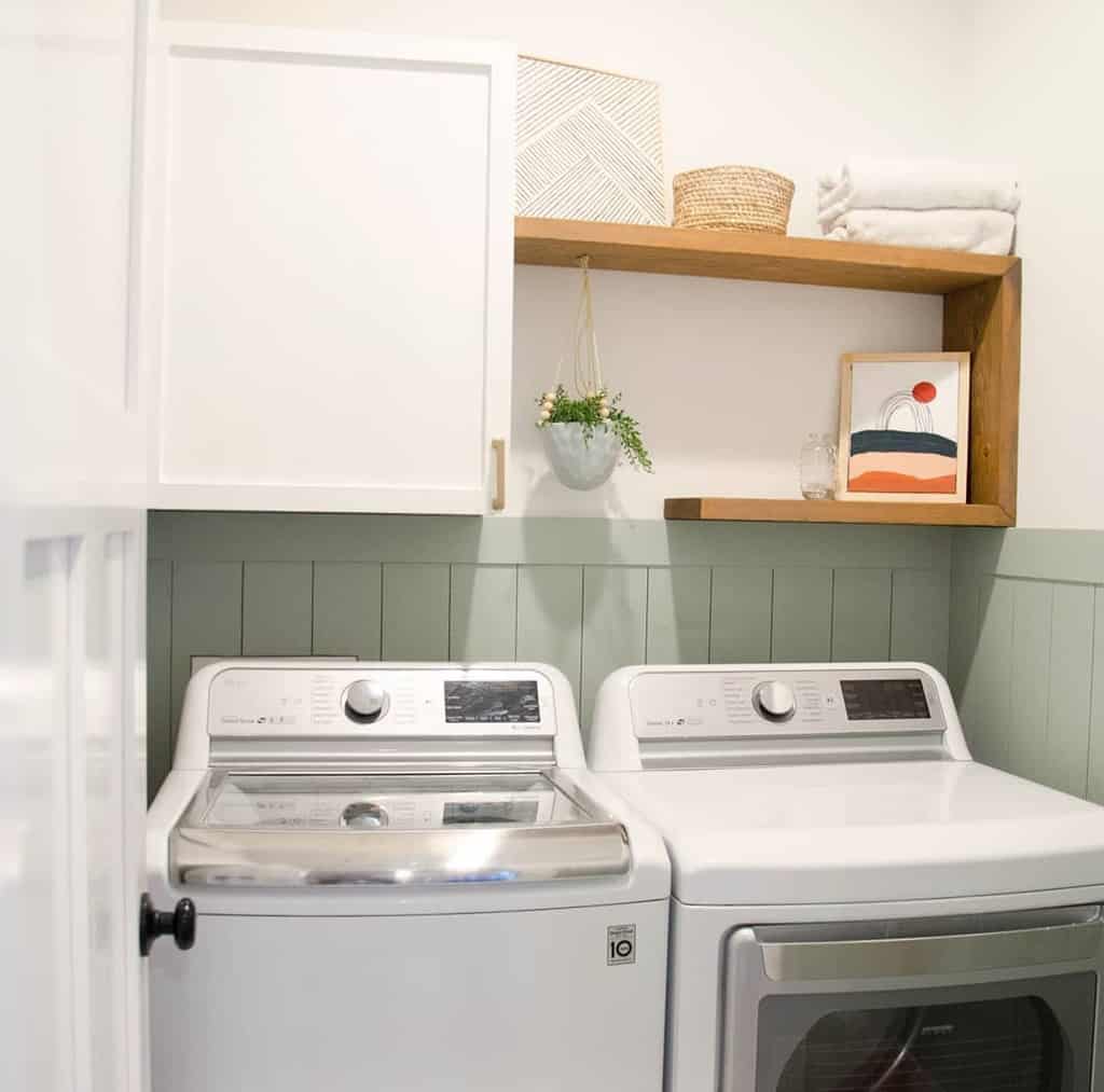 wood shelving unit in laundry
