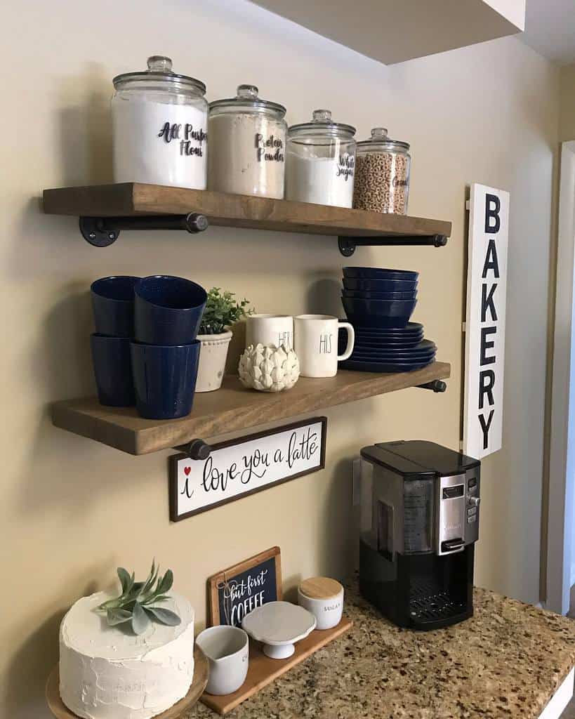 wooden wall mounted shelving in kitchen