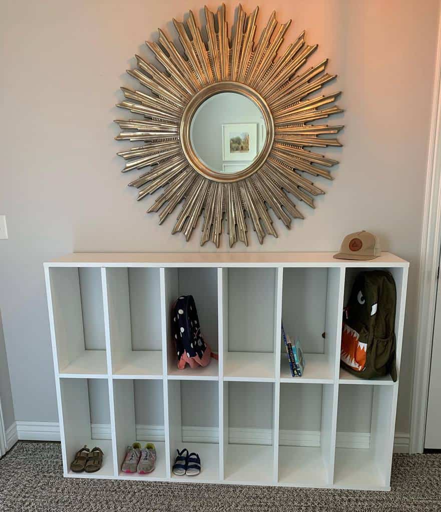 white wooden storage shelving unit