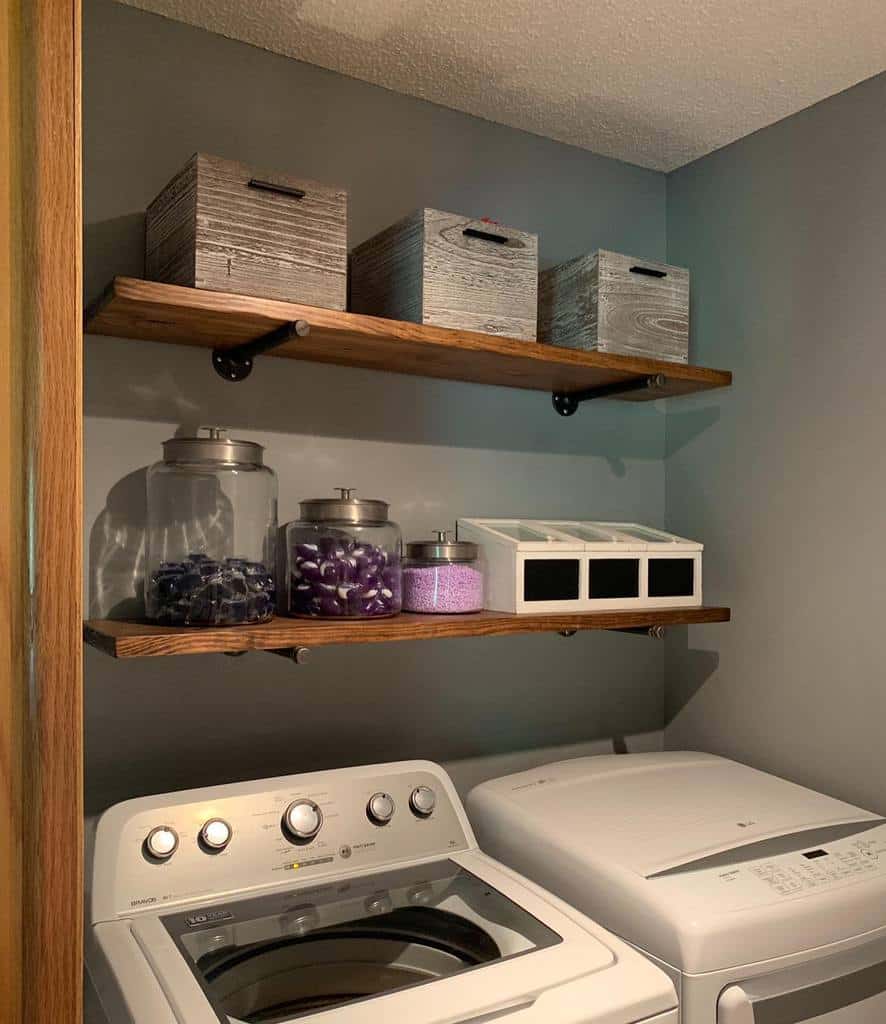wooden mounted shelves in laundry