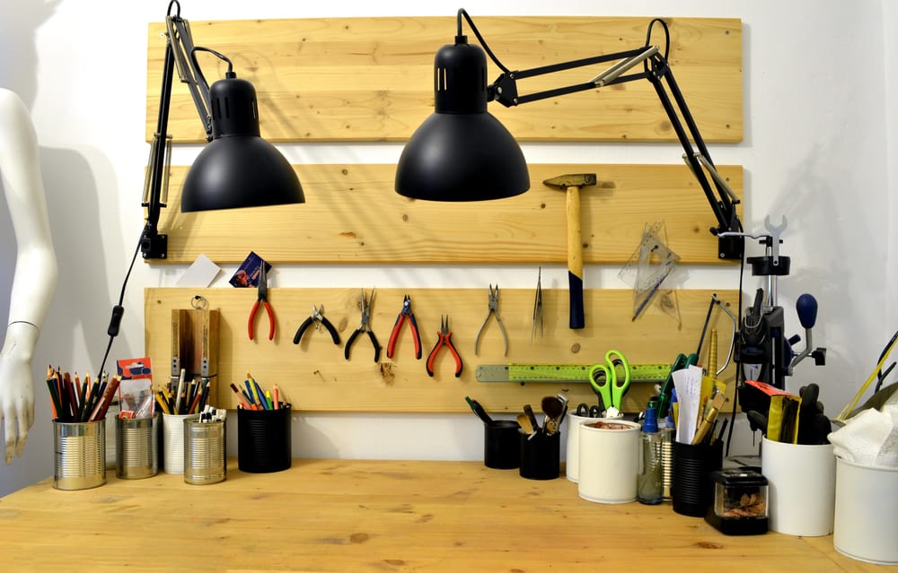 Craftsman,Workshop,Homemade,Wooden,Workbench,With,Tools