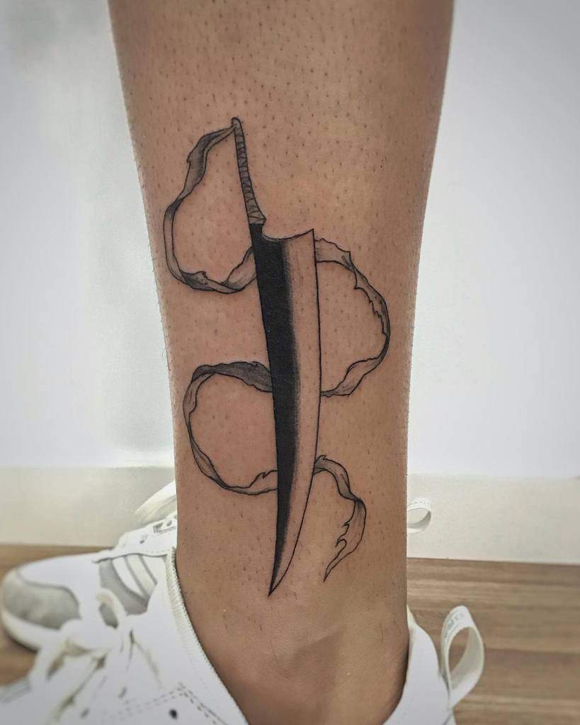 Minimalist black ink tattoo of a Zanpakutō from Bleach, featuring a sleek blade with flowing ribbon-like energy wrapping around it