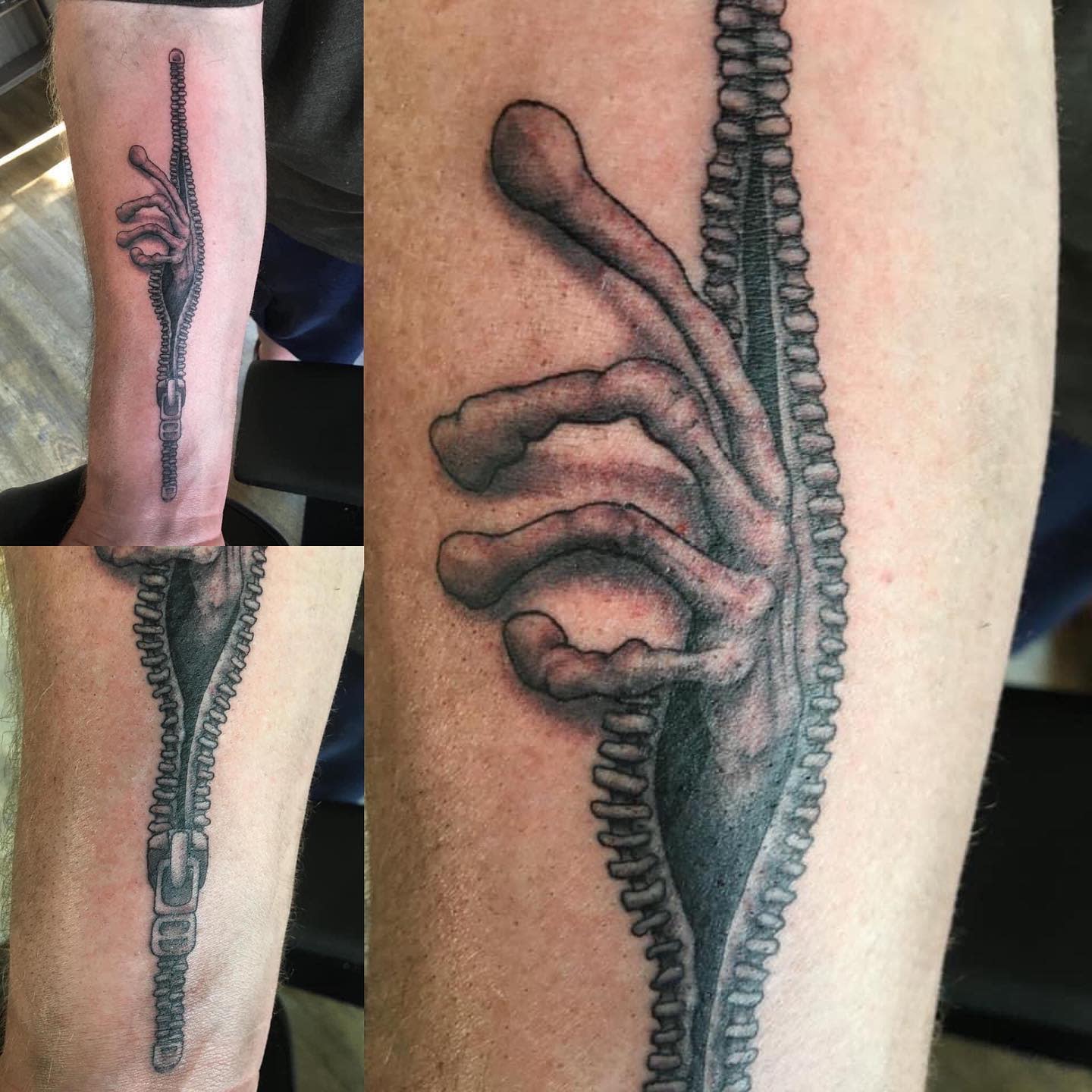 Tattoo of a zipper opening with a skeletal hand extending out on an arm