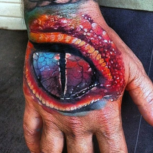 Ablaze Cracked Lizard Eye Tattoo Mens Hands