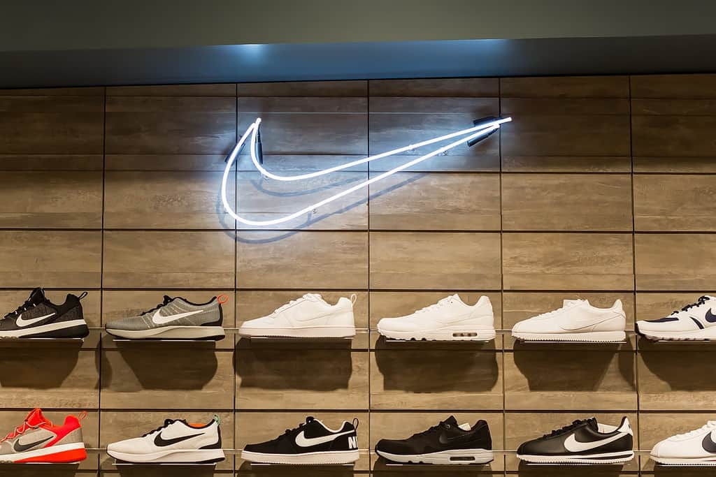 A shoe display of a Nike retail store in Bangkok, Thailand. 