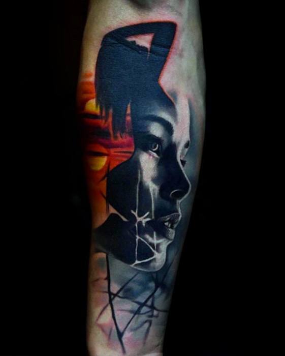 Abstact Forearm Portrait Male With Cool Morph Tattoo Design