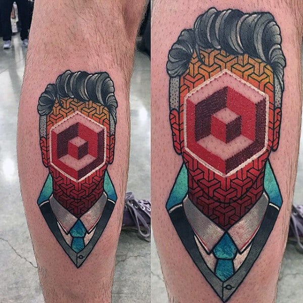 Abstract 3d Geometric Pattern Modern Tattoos For Men On Leg Calf