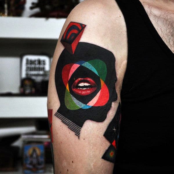 Abstract Amazing Guys Upper Arm Lips With Black Ink Portrait Tattoo