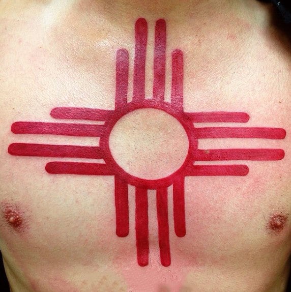 Abstract Ancient Tribal Sun Red Ink Mens Chest Tattoos