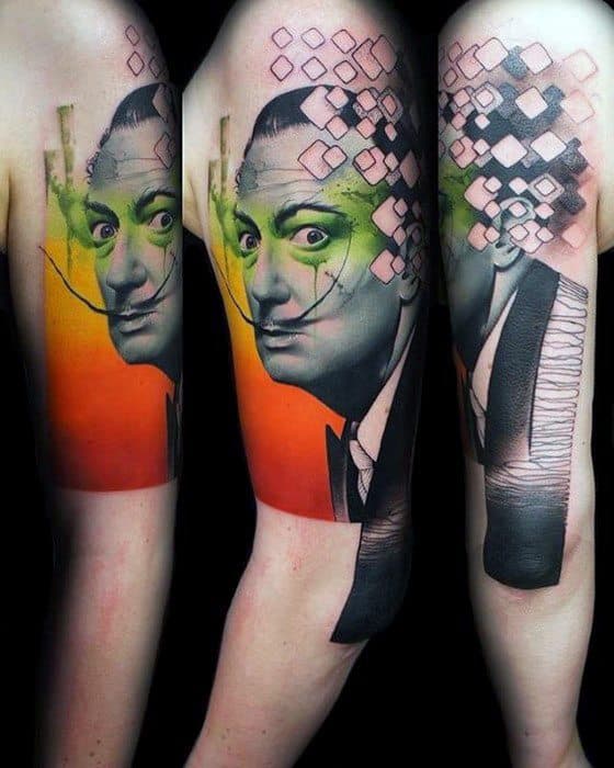 Surreal Salvador Dali tattoo with vibrant orange and green background, geometric dissolving effect, and intense black-and-white portrait.