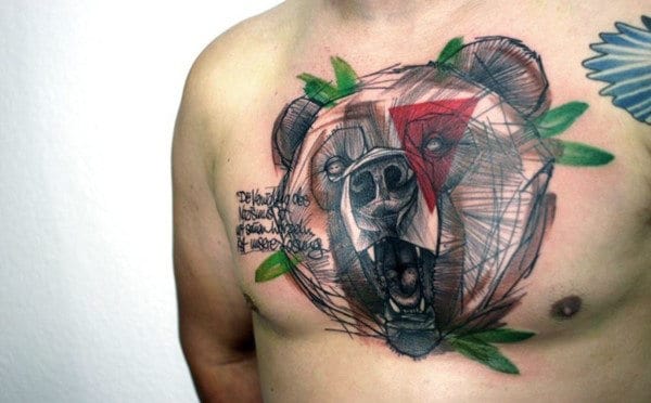 Abstract Artistic Geometric Bear Mens Chest Tattoo Ideas