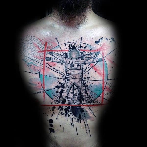 Abstract Artistic Male Astronaut Themed Vitruvian Man Chest Tattoo