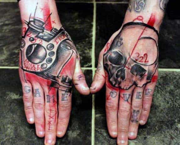 Abstract Artistic Male Skull Tattoos On Hand