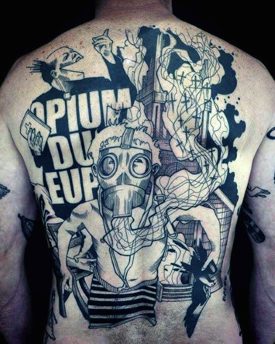 Abstract Artistic Unique Male Back Tattoo With Gas Mask Design
