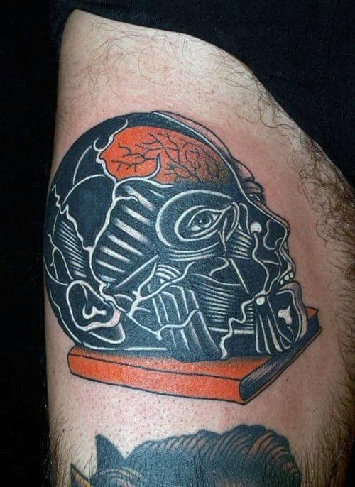 Abstract Awesome Mens Thigh Tattoo Of Book With Skull And Brain