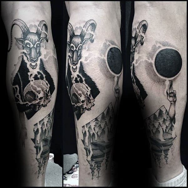 Abstract Baphomet Male Leg Tattoo Ideas