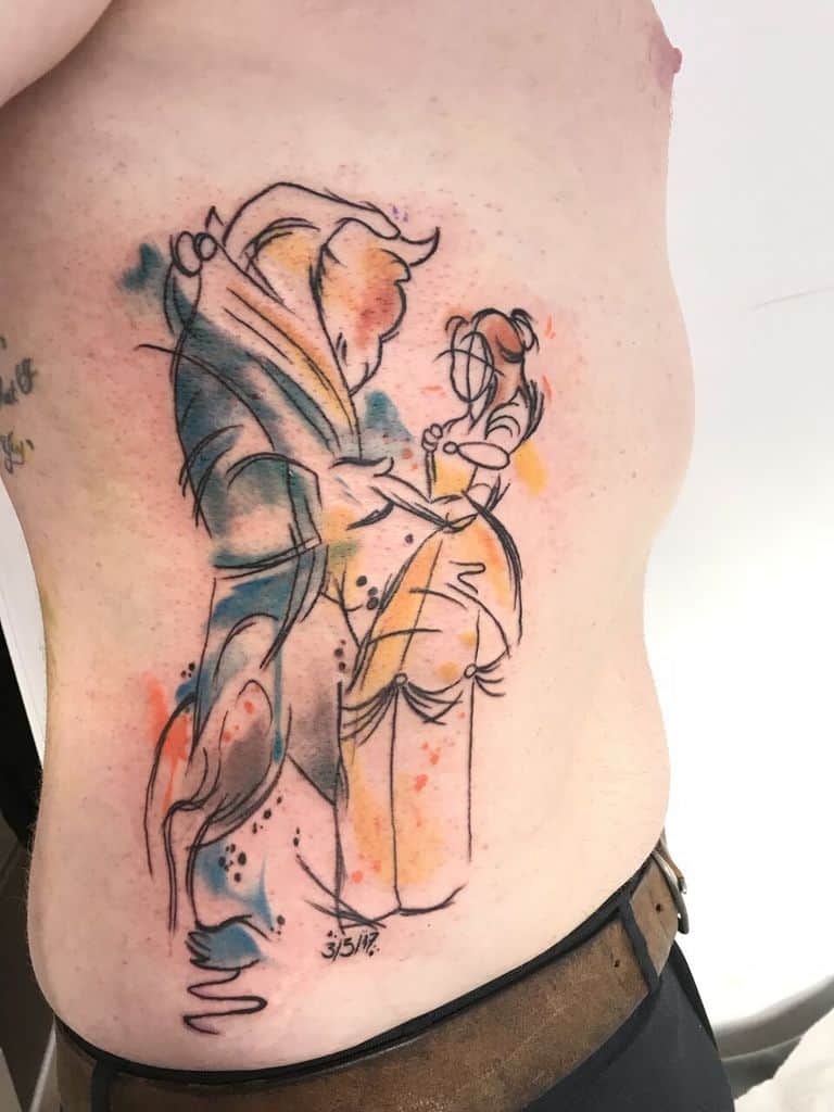 Abstract watercolor-style tattoo of Belle and the Beast dancing, featuring expressive sketch-like lines with splashes of blue, orange, and yellow.