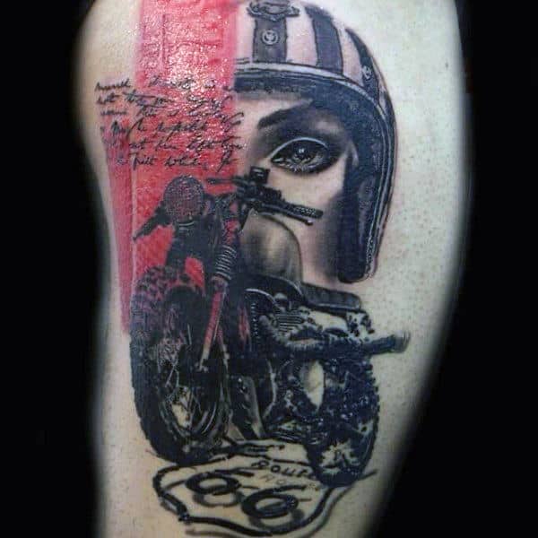 Abstract Biker Red Ink Guys Thigh Tattoo