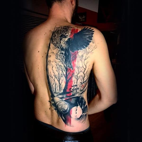 Abstract Bird Black And Red Ink Tree Back Tattoos For Men