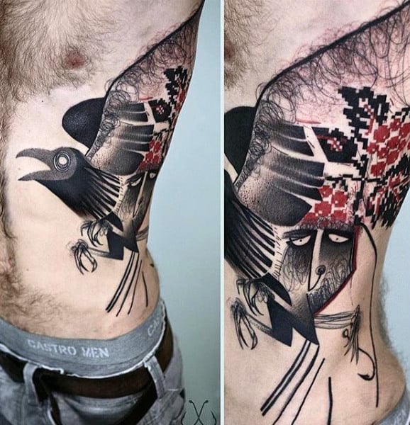 Abstract Bird Mens Original Rib Cage Side Tattoos