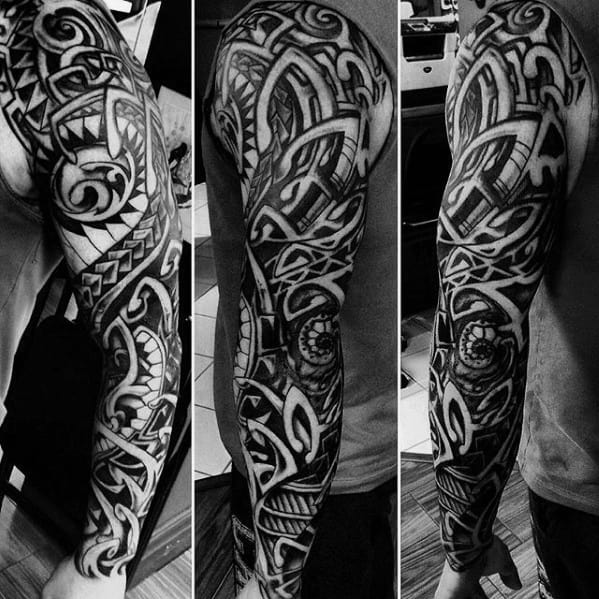 Abstract Black Ink Shaded Mens Full Arm Sick Tribal Tattoos