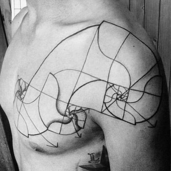 Abstract Black Lines Fibonacci Spiral Mens Shoulder And Chest Tattoo