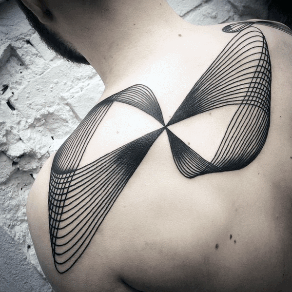Abstract Blackwork Thin Lines Back Tattoo For Guys