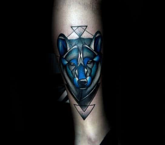 Abstract Blue Ink Geometric Wolf Lower Leg Mens Tattoos