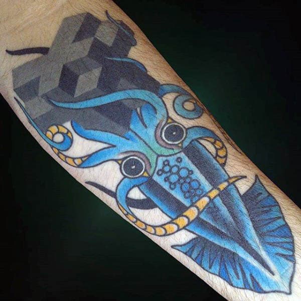 Abstract Blue Mens Squid Tattoos With Grey Crosses On Inner Forearm