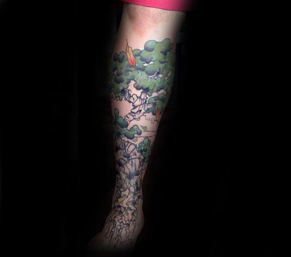 Abstract Bonsai Tree Leg Sleeve Tattoos For Gentlemen