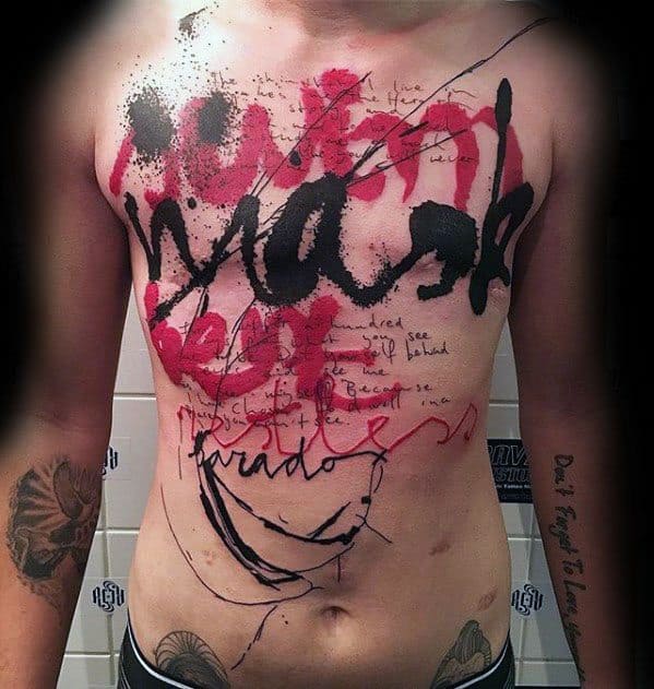 Abstract Chest Distinctive Male Typography Tattoo Designs