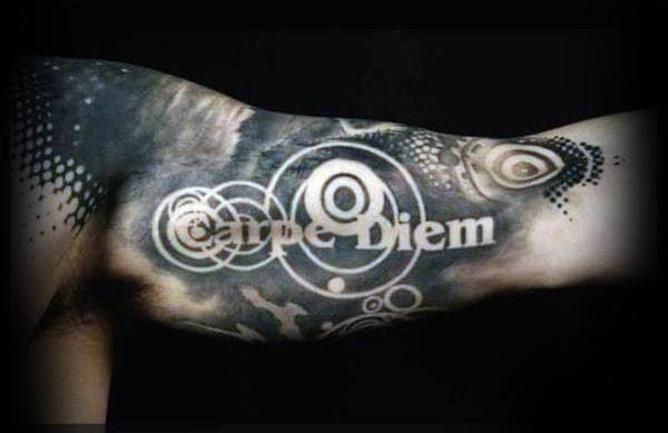 Abstract Circles Carpe Diem Mens Bicep Tattoo