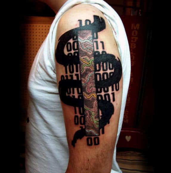 Abstract Colorful Binary Guys Tattoos On Arm