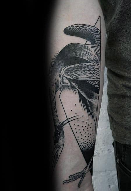 Abstract Crane Male Forearm Tattoos