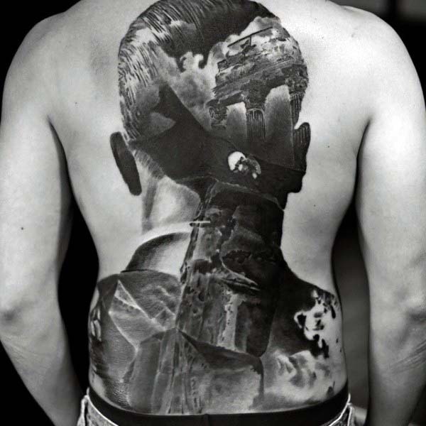 Abstract Creative Male Extreme Shaded Back Tattoo Designs