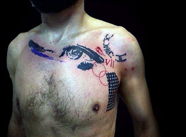 Abstract Eye Male Trash Polka Tattoo On Chest